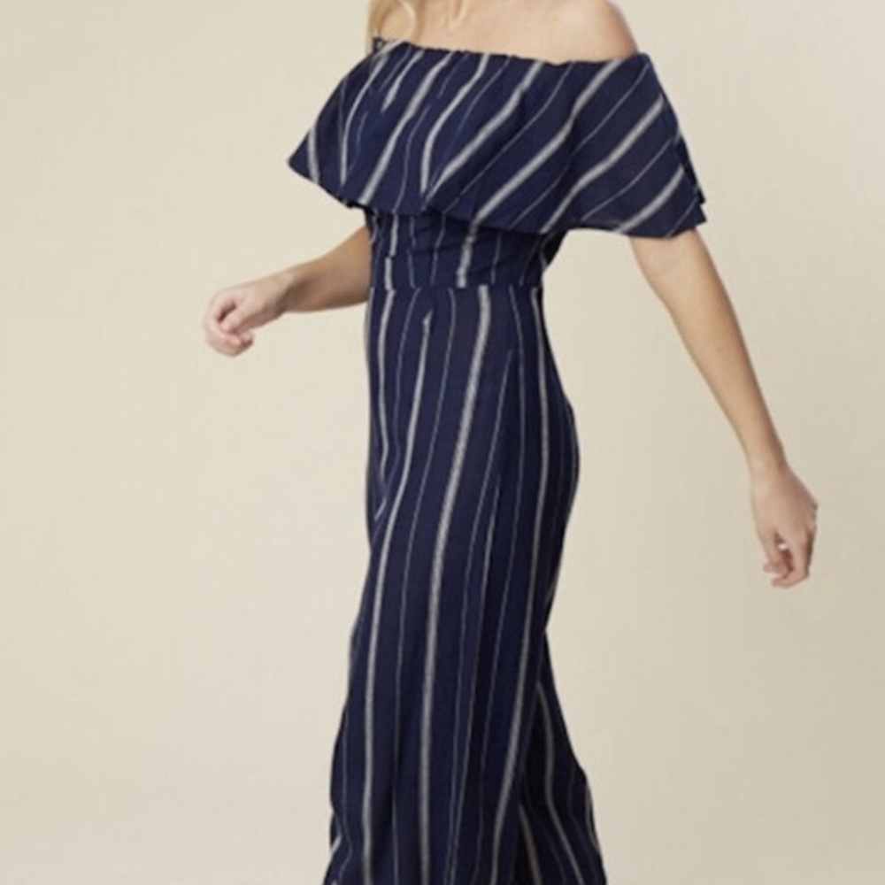 Altar’d State navy blue striped off the shoulder jumpsuit